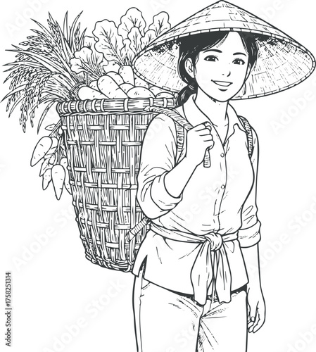 Vector illustration of a female farmer carrying crops 