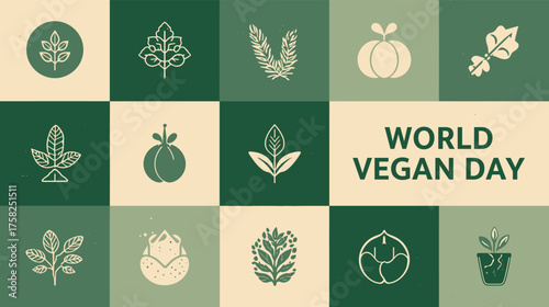 World Vegan Day Poster with Plant Icons and Organic Symbols