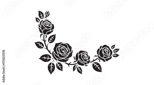 Floral Border with Roses – Black Silhouette
