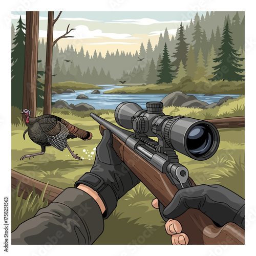 Hunting scene with scoped rifle aimed at a running turkey near a river