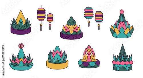 Vector set of Loy Krathong festival icons including krathong boat floating candle lotus flower water wave full moon temple lantern incense praying hands star sparkles pavilion umbrella golden bowl gar