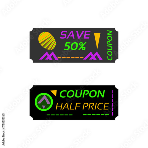 Black color coupon design with neon color elements. Save 50%, digital or print variants on paper. Half price coupon, vector illustration. 