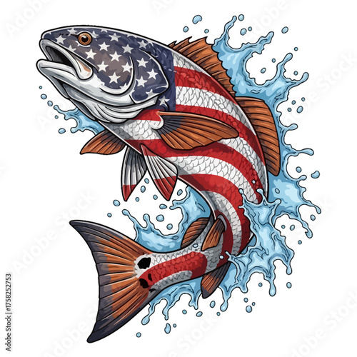 Jumping red drum fish with American flag pattern splashing water illustration