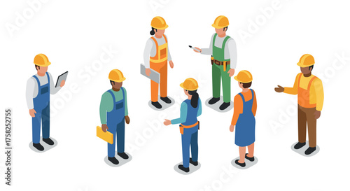 Diverse construction team in isometric style collaborating on a project