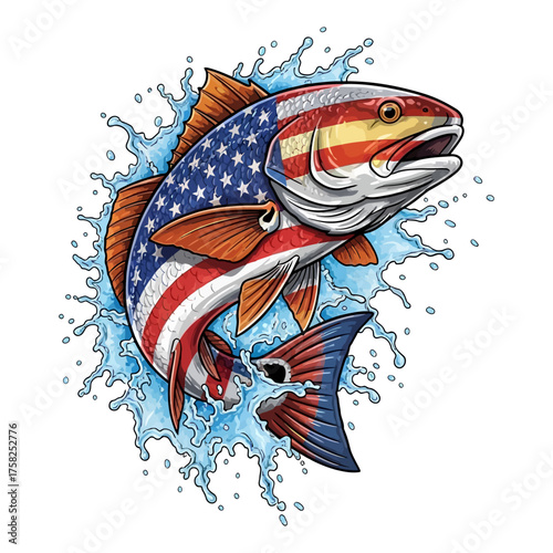 Jumping red drum fish with American flag pattern splashing water illustration