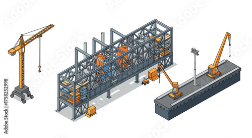 Isometric construction scene with cranes and structural frameworks