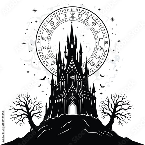 Mysterious gothic castle under mystical celestial wheel vector