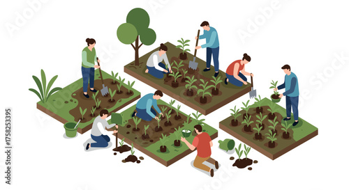 Isometric community gardening scene with people planting and tending vegetables