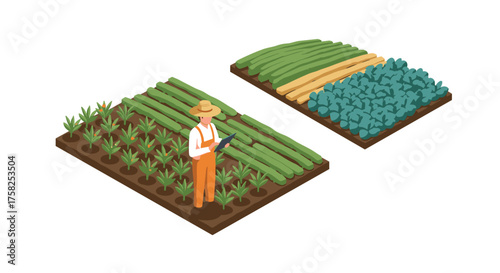 Isometric farming concept with farmer using tablet in crop field