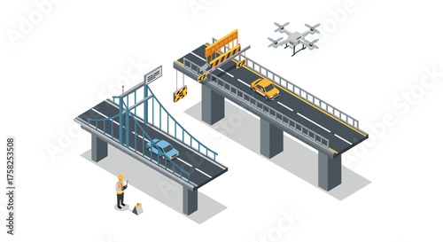 Isometric construction of modern bridges with cars and drones