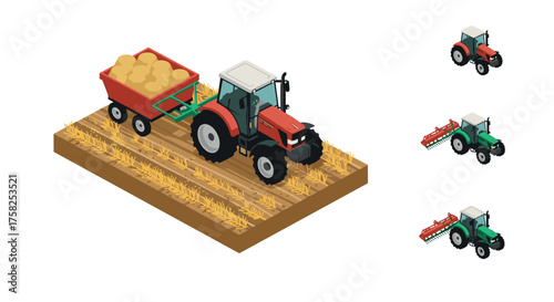 Isometric farming equipment: tractors and hay bales on wheat field