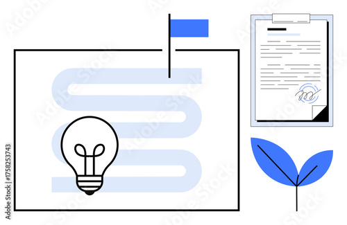 Goal path with flag, light bulb for ideas, signed contract for agreement, and leaf symbolizing sustainability. Ideal for innovation, goal setting, planning, environmental initiatives, business