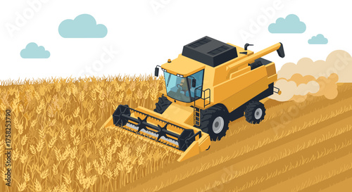 Isometric combine harvester in wheat field on a sunny day