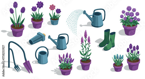 Colorful gardening tools and flowers in isometric style