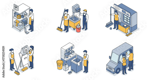 Isometric cleaning service workers in action: daily tasks and equipment illus…