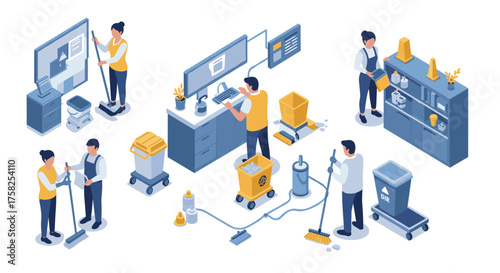 Isometric office cleaning team: diverse workers maintaining workplace hygiene…