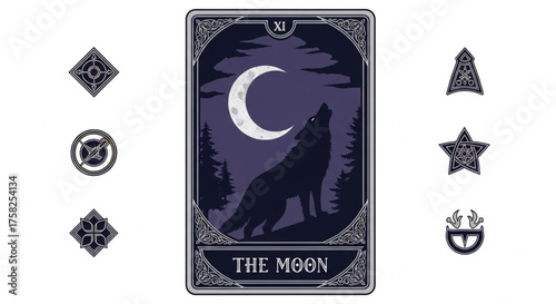Esoteric Tarot Card The Moon Wolf Howling Silhouette Mystical Spiritual Design for Game Assets and Web