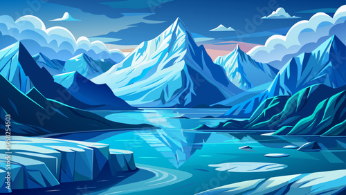 Very beautiful Hubbard Glacier in Alaska, USA, under cloudy skies, showcasing massive icy blue formations meeting the cold ocean waters, surrounded by misty mountains and dramatic Arctic atmosphere.