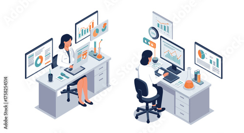Isometric scientists analyzing data in modern lab office with graphs and charts