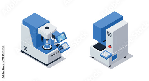 Isometric laboratory equipment in blue and white on a white background
