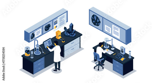 Isometric scientific laboratory workspace with scientists and equipment