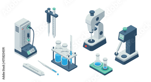 Isometric lab equipment: microscope, test tubes, and scientific tools for mod…