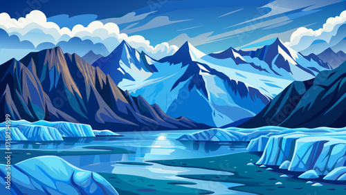 Very beautiful Hubbard Glacier in Alaska, USA, under cloudy skies, showcasing massive icy blue formations meeting the cold ocean waters, surrounded by misty mountains and dramatic Arctic atmosphere.