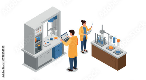 Modern isometric laboratory scene with scientists performing experiments