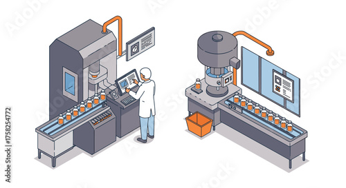 Isometric factory automation with robotics and quality control in pharmaceuti…