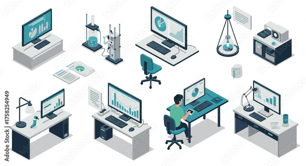 Fototapeta premium Modern isometric workspace with computers, charts, and scientific equipment