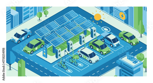 Isometric illustration showcasing a smart city parking lot with electric cars at a charging station powered by solar panels, representing sustainable green energy and future transportation