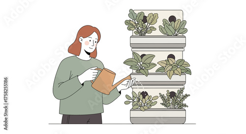 Minimalist illustration of a woman with a watering can tending to her indoor vertical garden, a concept of urban farming and sustainable lifestyle
