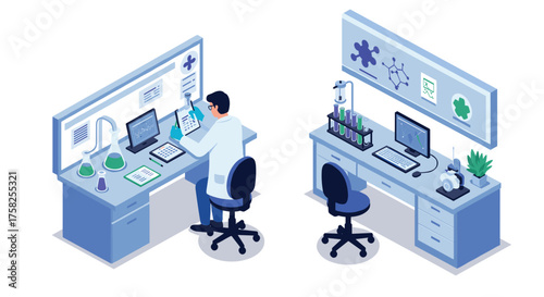 Modern laboratory workspace isometric design with scientist analyzing data an…