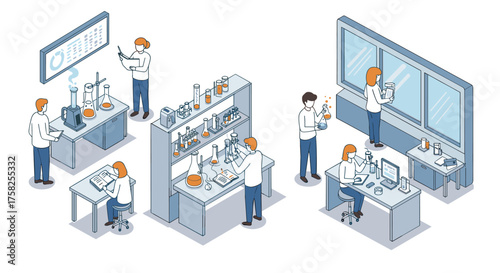 Modern laboratory scene with scientists conducting experiments in isometric s…