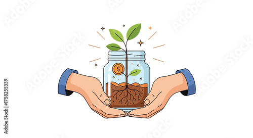 Conceptual illustration of nurturing financial investment, with a plant growing from a coin inside a savings jar held by caring hands