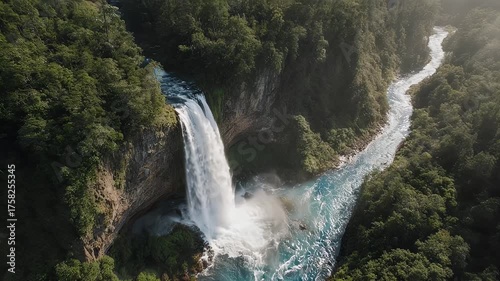 Majestic waterfall cascades down rocky cliff into a turquoise river