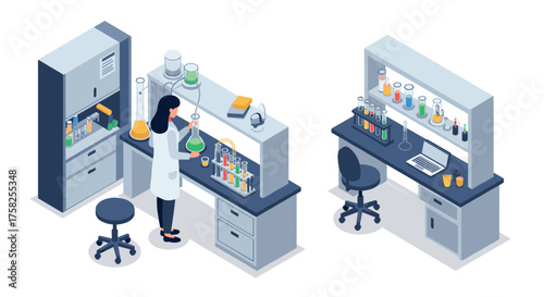 Isometric laboratory scene with scientist conducting experiments in modern re…