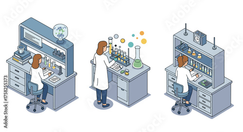 Busy laboratory with scientists working in isometric style