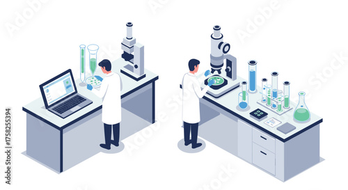 Isometric laboratory scene with scientists conducting experiments and analyzi…
