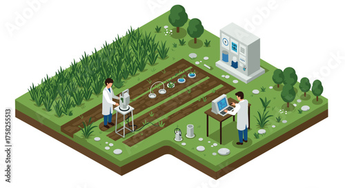 Sustainable farming technology: scientists analyzing crops with advanced equi…