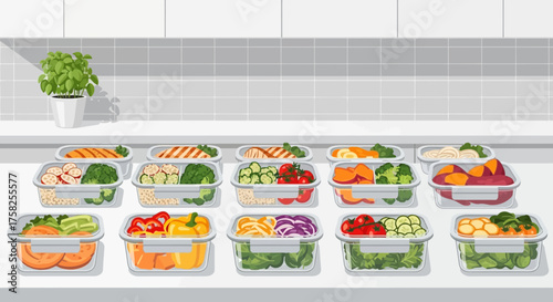 A variety of healthy pre-portioned meals in plastic containers on a kitchen counter, representing the concept of efficient meal prepping for a balanced diet