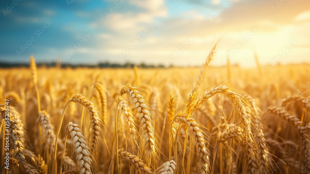 Fototapeta premium Golden Wheat Field under Sunlight: A panoramic view of a vast, sun-drenched wheat field, where golden stalks sway gently in the breeze beneath a bright, radiant sky, and the warm sunlight.