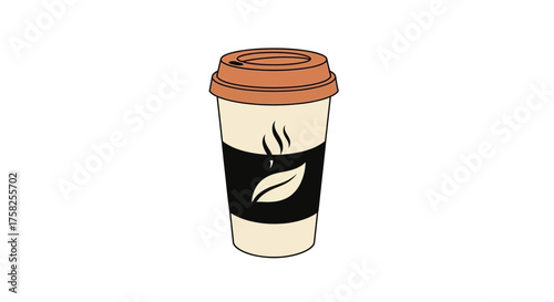 Minimalist illustration of a disposable coffee cup with a secure lid and a decorative leaf emblem on its label, symbolizing convenience and eco-consciousness for takeaway beverages