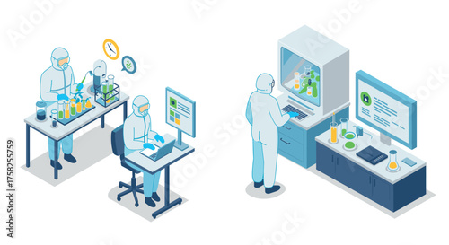 Scientists conducting research in modern isometric laboratory with computers…