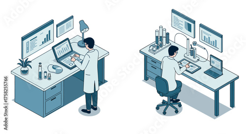 Isometric laboratory workspace with researchers analyzing data on computers