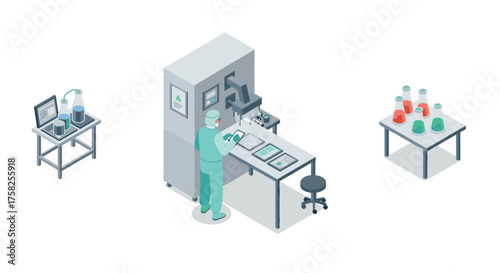 Isometric cleanroom laboratory with scientist and advanced equipment