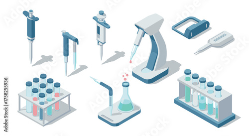 Isometric laboratory equipment with pipettes and test tubes on white background