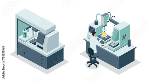 Isometric laboratory scene with scientist using advanced analytical equipment