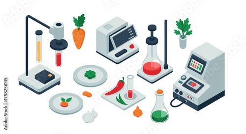 Isometric laboratory food testing with vegetables and scientific equipment