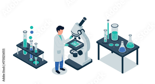Wallpaper Mural Isometric laboratory scene with scientist working on microscope and chemistry… Torontodigital.ca
